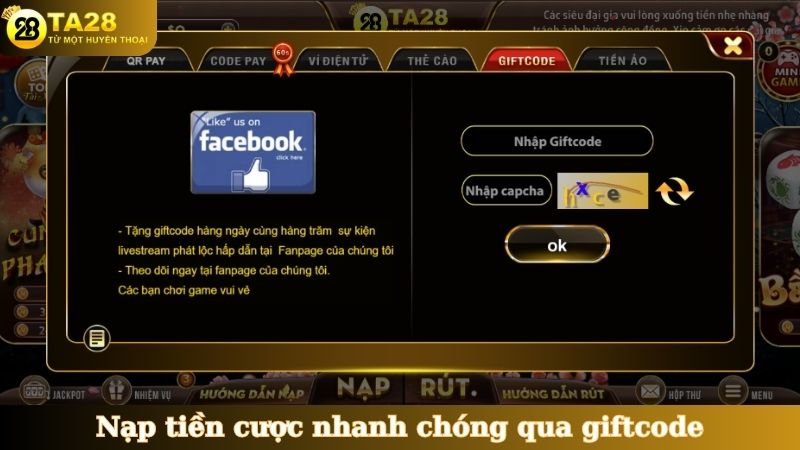 Nạp tiền cược nhanh chóng qua giftcode